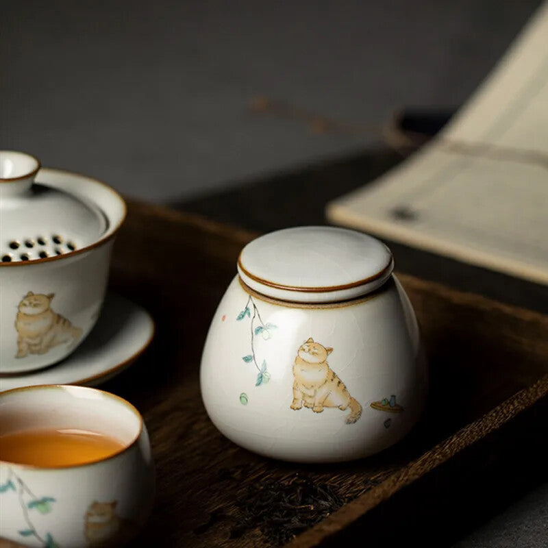 1pc Retro Ru Kiln Ceramics Tea Caddy Cute Cat Pattern Portable Sealed Containers