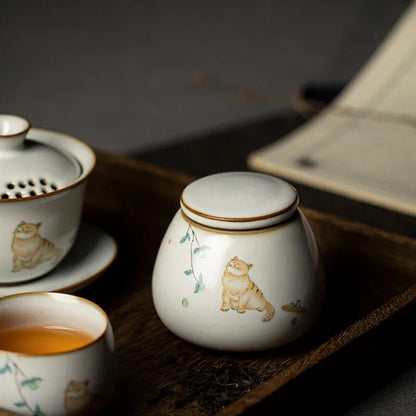 1pc Retro Ru Kiln Ceramics Tea Caddy Cute Cat Pattern Portable Sealed Containers