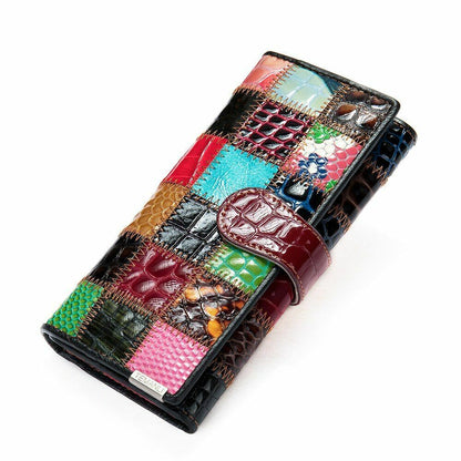 Women Long Medium Size Wallet Genuine Leather Patchwork Ladies Zipper Clutch Bag