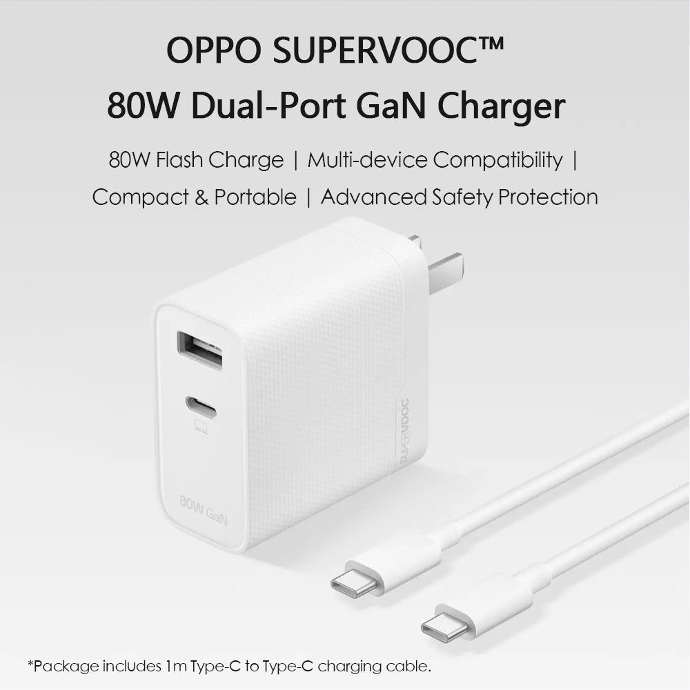 OPPO SUPERVOOC 80W Dual‑Port GaN Charger Kit — Dual USB‑A+C, 67W+15W