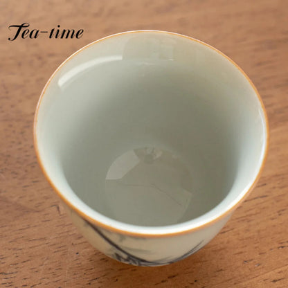 50ml Imitation Ancient Blue Ceramic Teacup Hand-painted Green Bamboo Master Cup