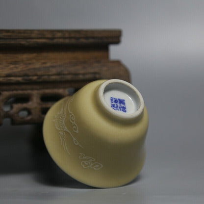 2.6 inch Chinese Jingdezhen Yellow Glaze Porcelain Crane Design Teacup Cup