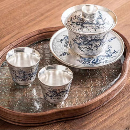 silver gaiwan ceramic tureen tea cup dragon design chinese tea set handpainted