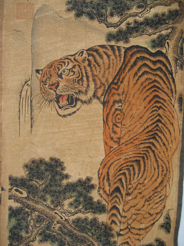 Old Chinese Calligraphy Scroll Painting Hand Painted 4 Tiger Painting