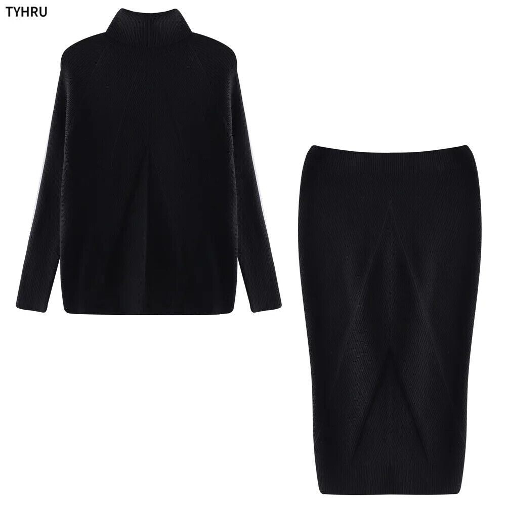 Autumn Women's Turtleneck Pullover Sweater + Slim Skirt Two-Piece Set