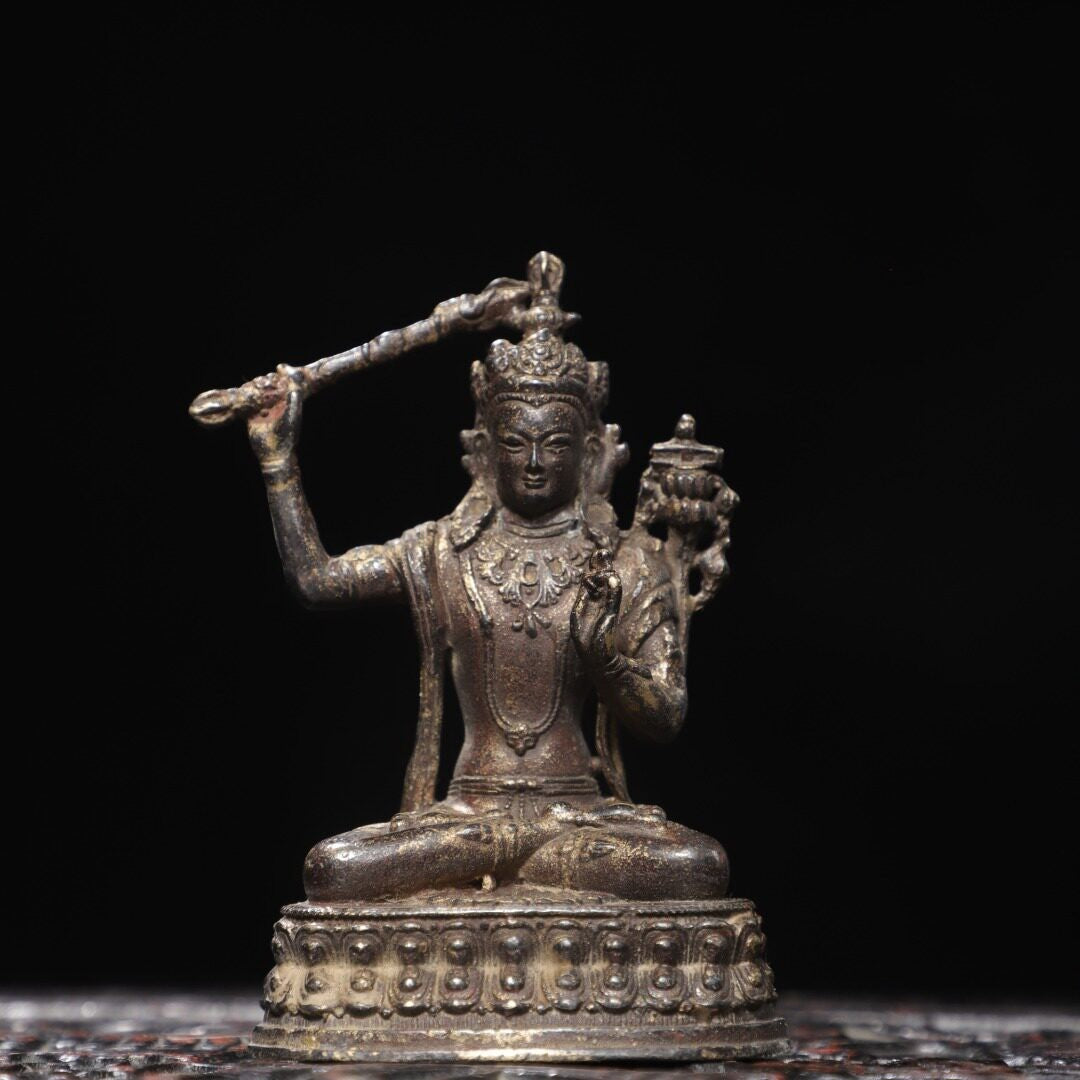 7.6"Xizang Buddhism Temple Bronze Hold Sword Manjushri Tara Buddha Statue