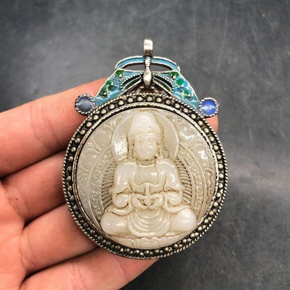 Vintage Guanyin Pendant Cloisonne Enamel Jade-like Amulet Charm