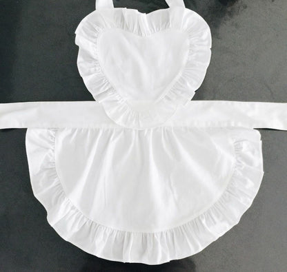 Women Plain White Aprons 57x49/66cm Cotton Ruffle Waitress Cosplay Work Wear Bib