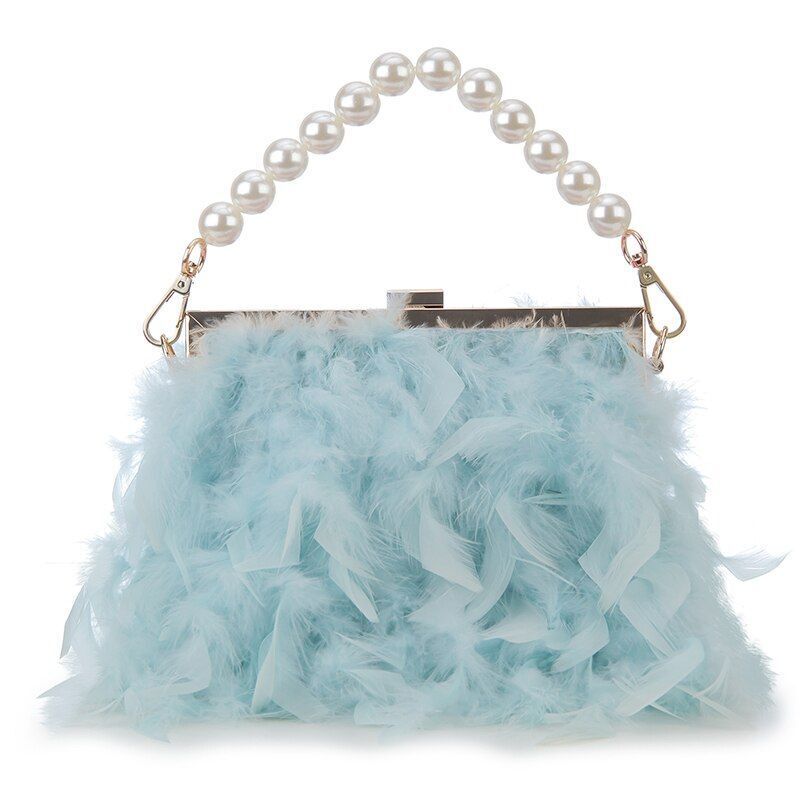 Luxury Real Feather Purse Handbag Clutch Shoulder Bags Pearl Chain 20*5*18 CM