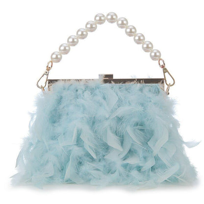 Luxury Real Feather Purse Handbag Clutch Shoulder Bags Pearl Chain 20*5*18 CM
