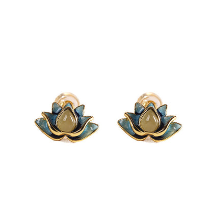 Real 925 Sterling Silver Stud Women Natural Jade Enamel Lotus Flower Earrings