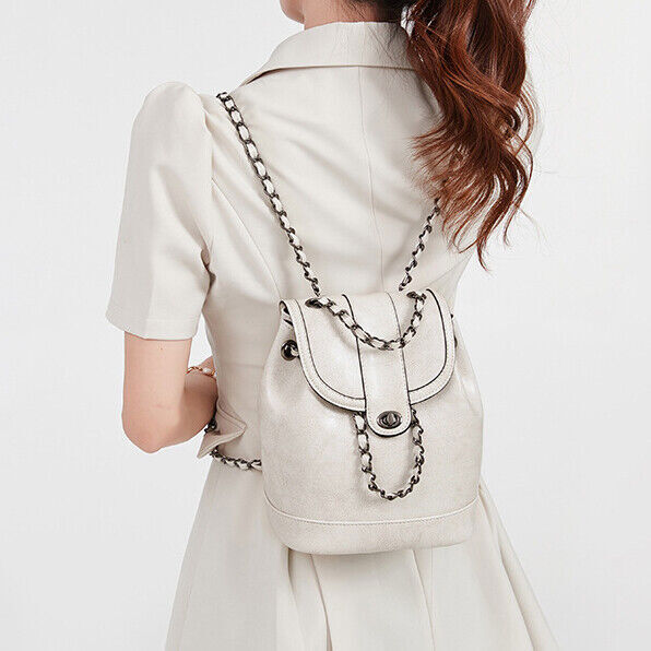 Genuine Leather Women's Drawstring Backpack, Travel Rucksack Chain Shoulder Bags