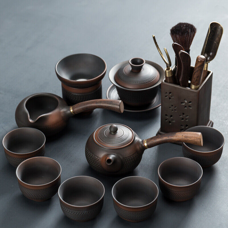 Complete Tea Set Purple Pottery Kungfu Tea Set Pot With Wood Handle Cup Gaiwan