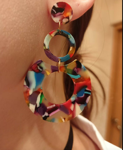 Large Multi Color Acrylic Circle Earrings Rainbow Fashion Cute Stylish Dangle