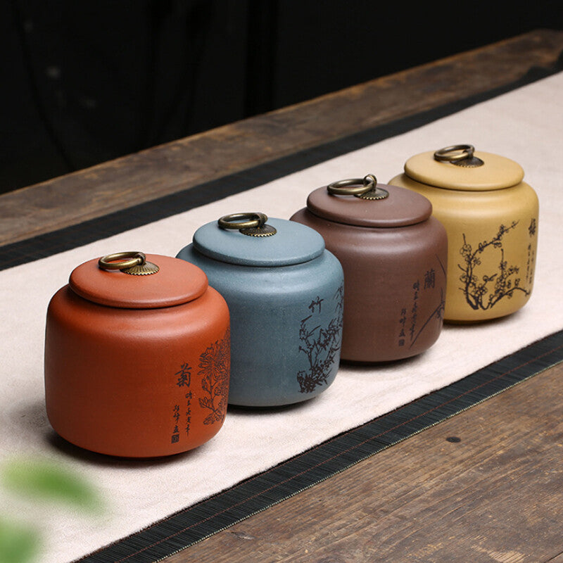 10.5cm China Purple Clay Hand Painted Plum Orchid Bamboo Chrysanthemum Tea Jar