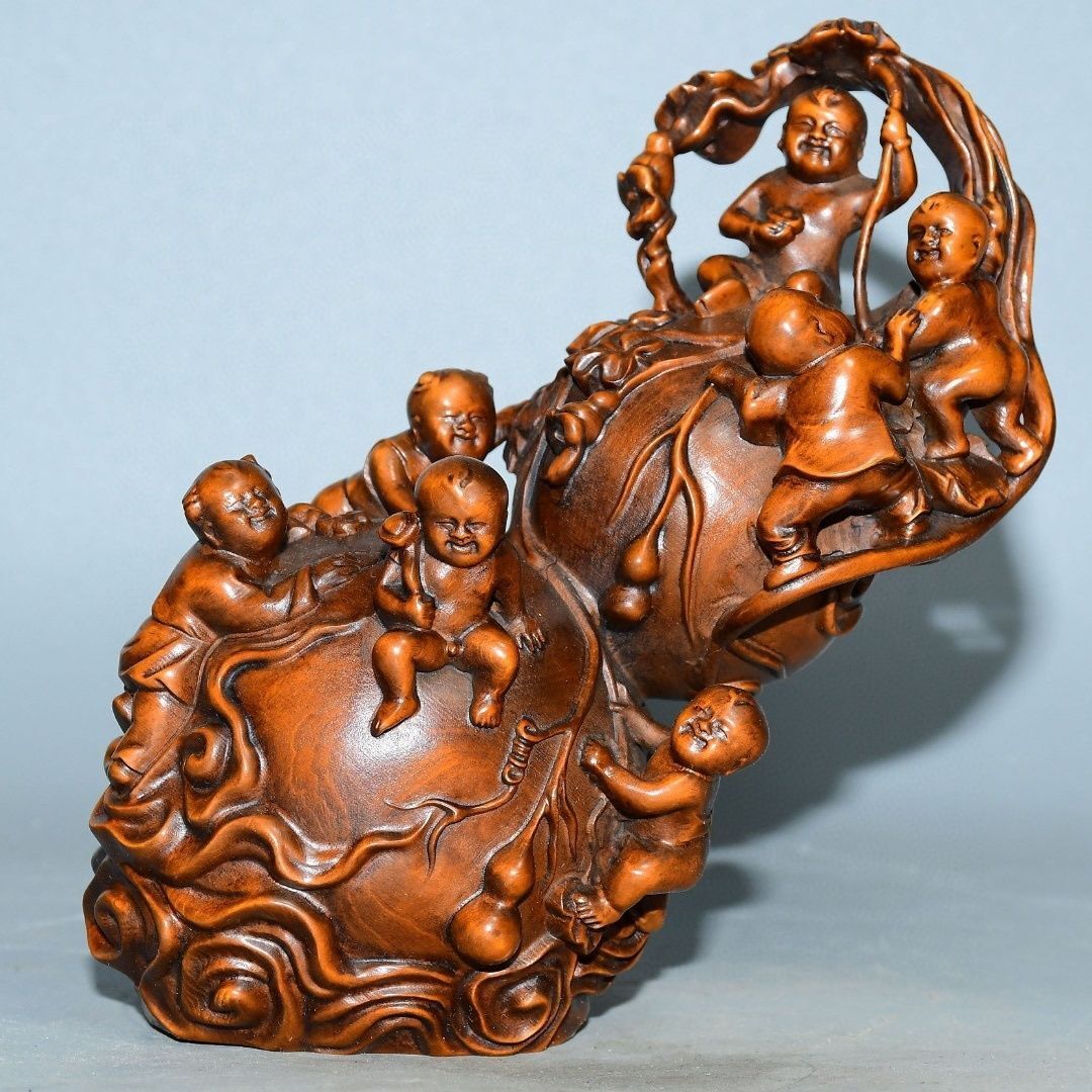 China Boxwood Hand Carved with Many Many Blessings Gourd Ornament Statue