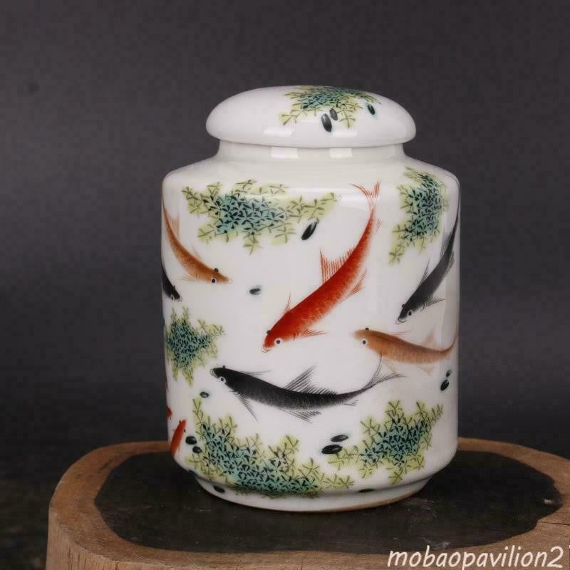 Vintage Antiques Handmake Porcelain Pastel Fish Pattern Tea Leaf Jar Qq32