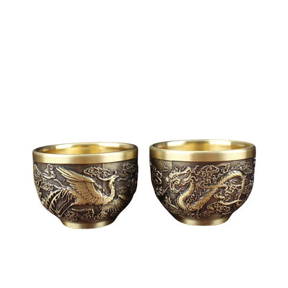 Brass Retro Baifu Dragon-Phoenix Cup Rice Jar Office Home Desktop Decoration