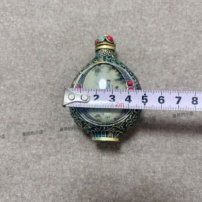 Antique Brass Snuff Bottle Tibetan Inside Painted Double-Sided Snuff Bottle