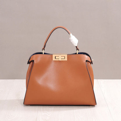 Real Leather Trapezoid Twist-Lock Tote Shoulder Bag Purse Crossbody Top Handle