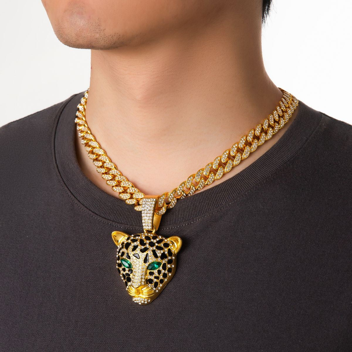 Gold Leopard Head Cuban Chain Iced Out Hip Hop Gothic Rapper Necklace