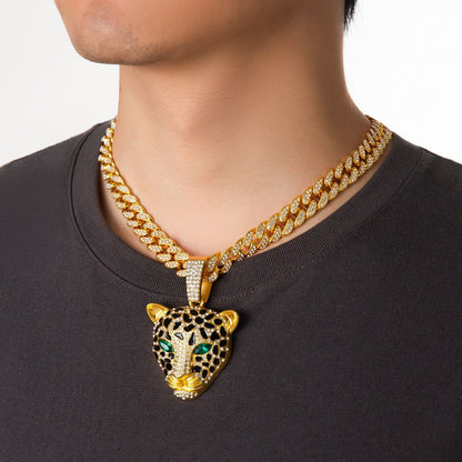 Gold Leopard Head Cuban Chain Iced Out Hip Hop Gothic Rapper Necklace