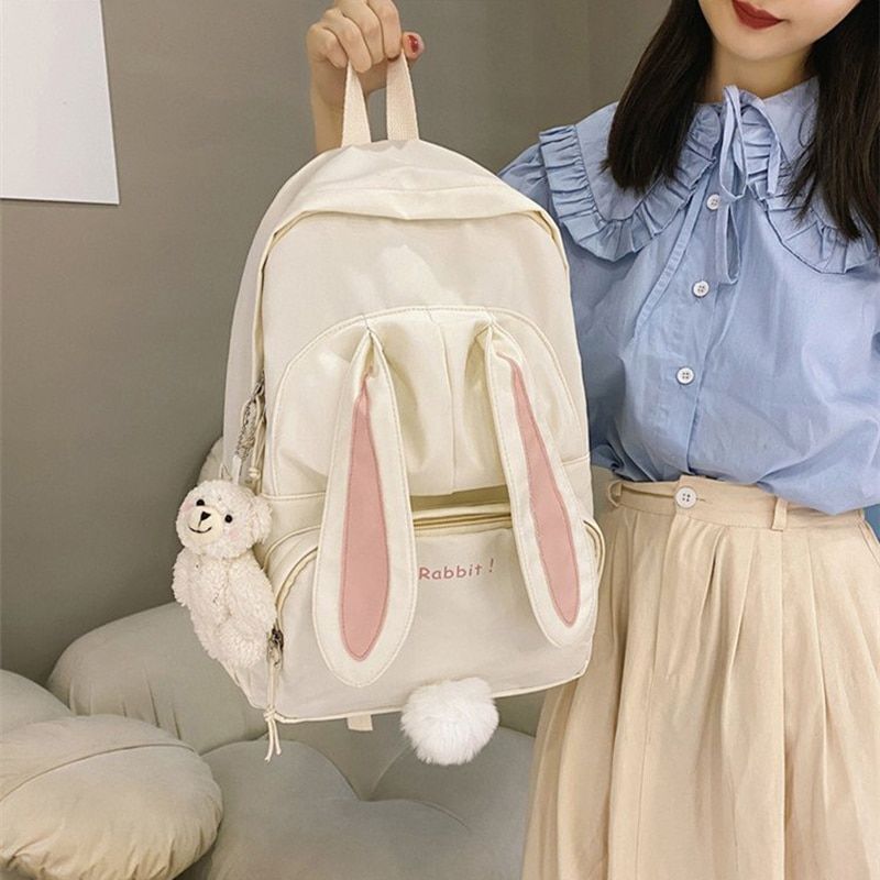 Backpack White School Bag Rabbit Tail Bag Large Waterproof 29*12*40 CM Traveling