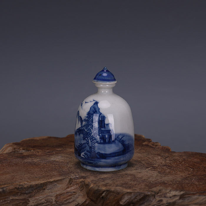 62MM Good China Blue and White Porcelain Ancient Town Hill Water Snuff Bottles 6