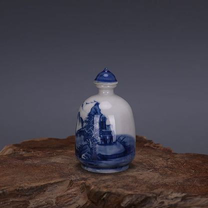 62MM Good China Blue and White Porcelain Ancient Town Hill Water Snuff Bottles 6