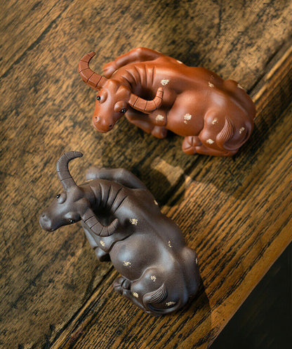Handmade Artware Zisha Purple Clay Tea Pet Ox Statue Table Decoration Ornament