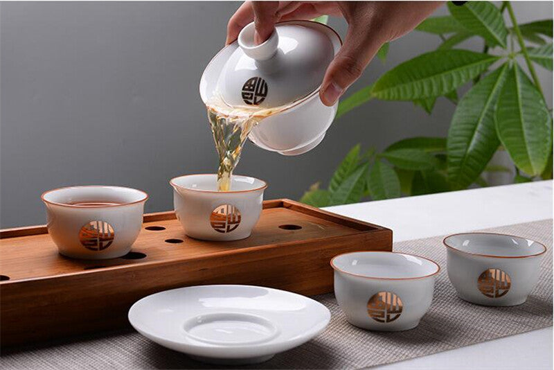 180ml Ceramic Tureen Bone China Tea Bowl Porcelain Gaiwan Cup & Cup Lid & Mat