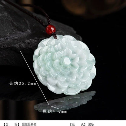 Natural Burmese Grade A Jade Peony Pendant Icy Jade Women's Necklace Jewelry