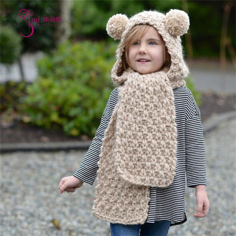 Cute Animals Style Girls Hats Scarf Set Winter Kids Knitting Hat Neckerchief