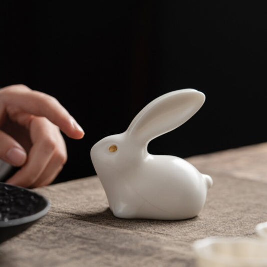 Lovely Rabbit Statue Porcelain Tea Pet Artware Mascot Ornament Handmade Animal