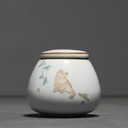 Ru Kiln Ceramics Tea Caddy Cute Cat Pattern Sealed Tea Leaf Container