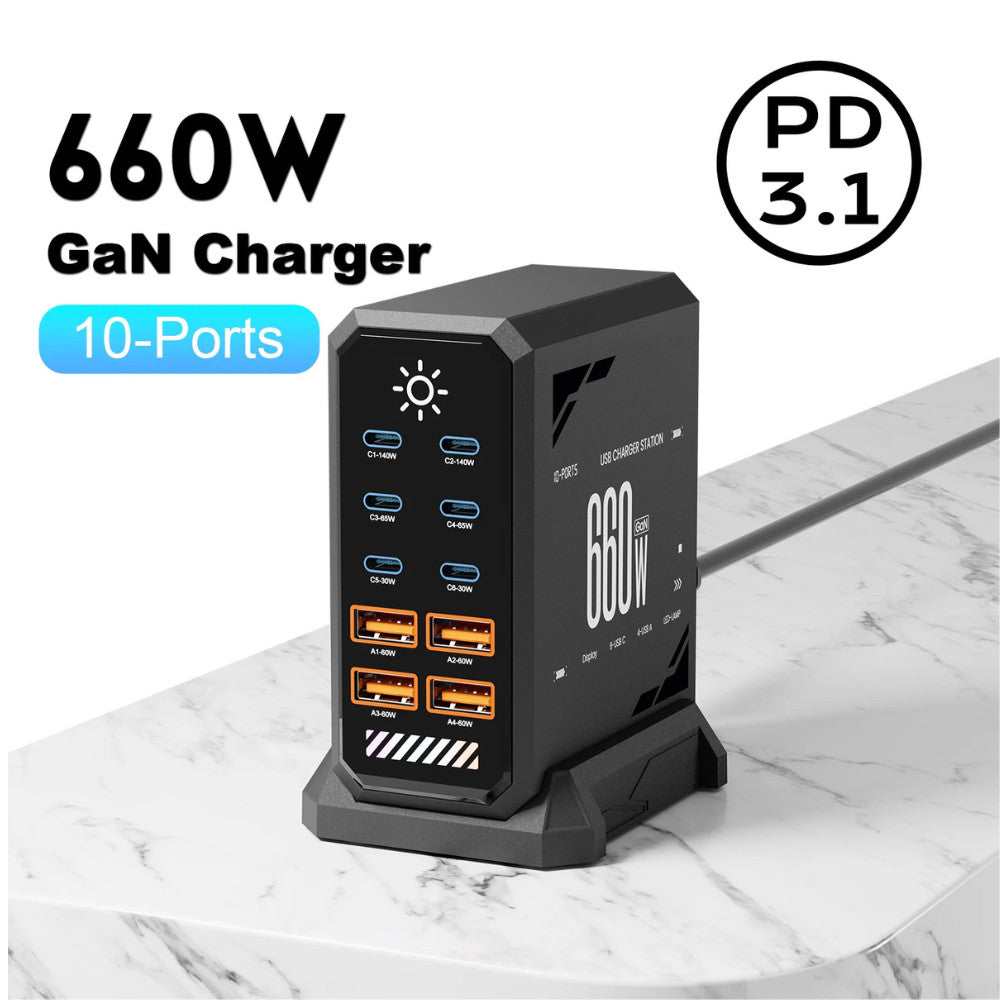 660W GaN USB C Charger Station 10 Port Fast Charger Type C PD3.1 PD3.0 PPS Quick