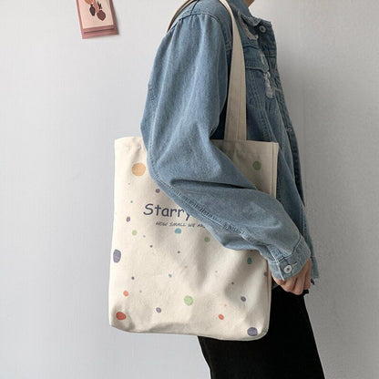 Shoulder Bag Canvas Tote Large Shopper Bag Zipper Starry Sky Print Handbag 1 PC