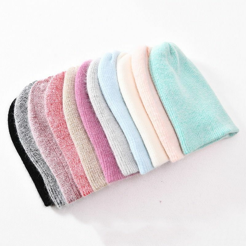 Hat Women Cashmere Knitted Beanies Thick Warm Wool Angora Beanie Polyester Solid