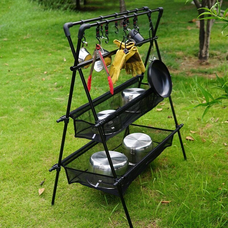 Camping Triangle Shelf Double-Layer Hook Net Bag Outdoor Picnic Hanging Rack