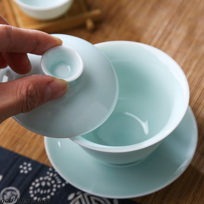 Jingdezhen Porcelain Gaiwan Celadon Tureen Covered Bowl With Lid Cup Saucer New