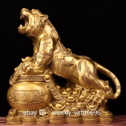 Copper Brass Handmade Feng Shui Evil Wealth Money Tiger Art Statue Ornament