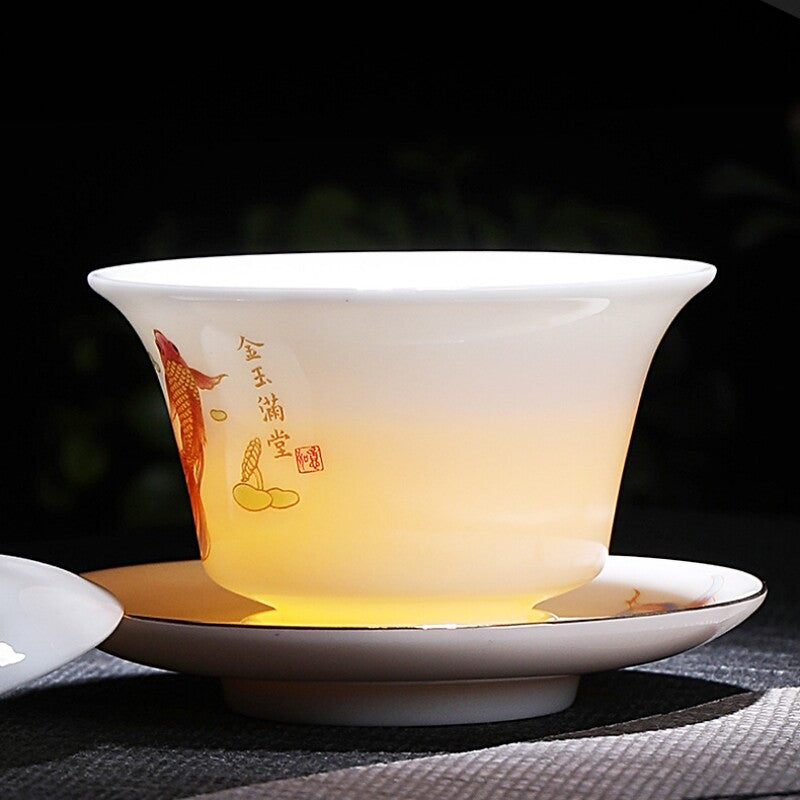 Complete Tea Set Fat Mutton Jade Porcelain Gaiwan Tureen Fish Drawing Tea Cups