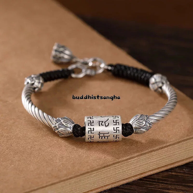 Vintage Lotus Rope braided Bracelet Brilliant Mantra Buddhist Scriptures Bead
