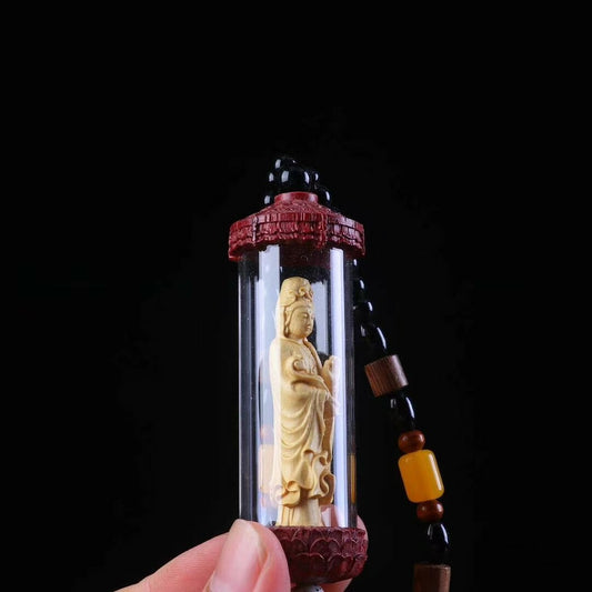 Carved Bottle Guanyin Statue Pendant Chinese Mahogany Square Wood Huangyangmu -