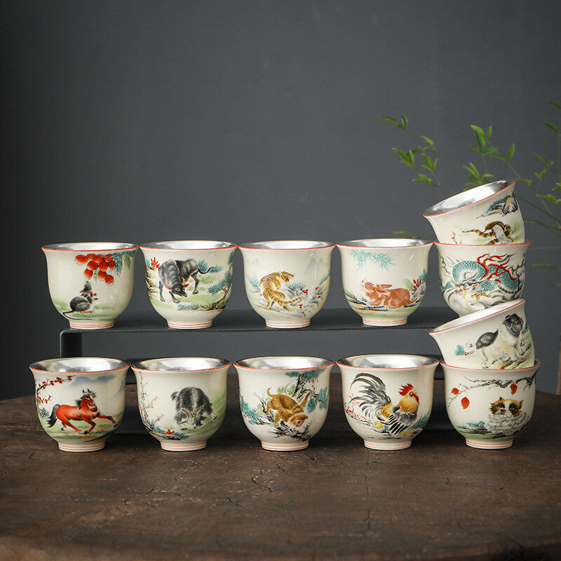 12 Tea Cups Ceramic + Silver Master Cup Zodiac Signs Print 150ml Chinese Tea Cup