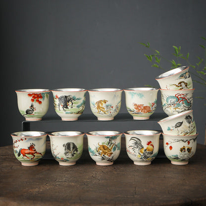 12 Tea Cups Ceramic + Silver Master Cup Zodiac Signs Print 150ml Chinese Tea Cup