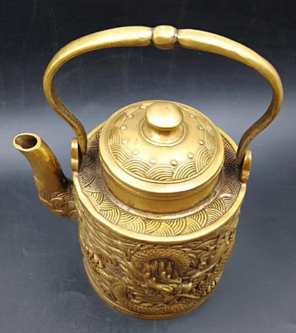 Chinese Antique Brass Carved Dragon Teapot Furnishing Articles