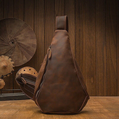 Crazy Horse Leather Men's Sling Backpack, Dark brown Top Leather Crossbody Bags