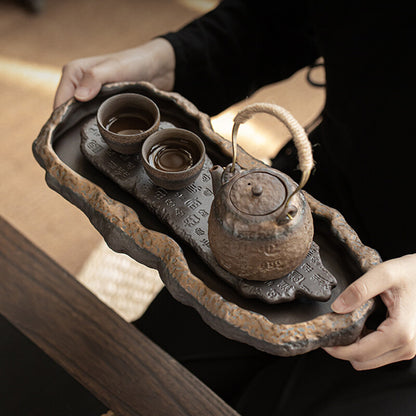 Crude Pottery Tea Tray Water Reservoir Ceramic Serving Tray Heart Sautra Carved