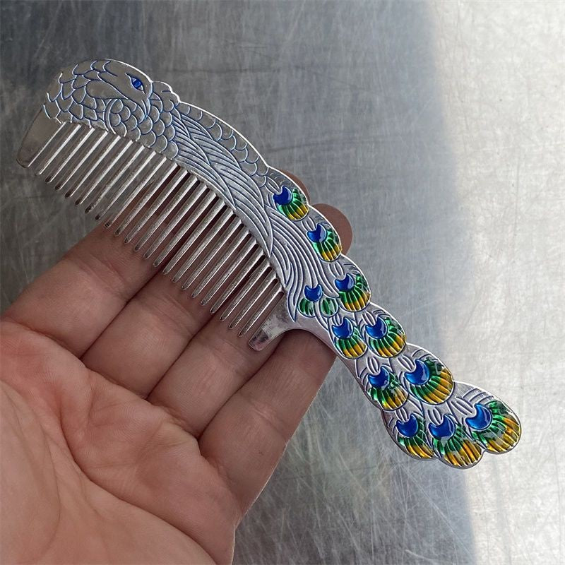 Tibetan Silver Plated Peacock Comb Engraved Handle Vintage Style Ornament